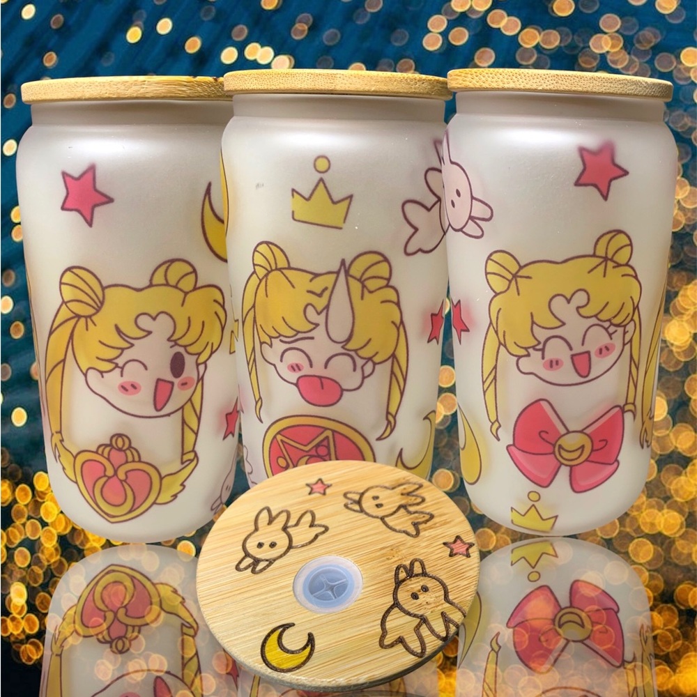 Cute 16oz sailor moon icons glass beer can either frosted or Clear.